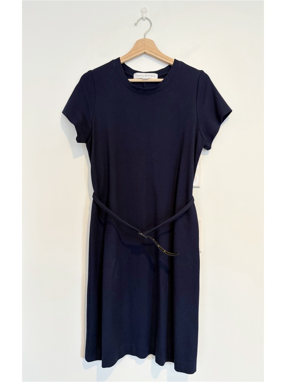 Lesley Evers || Belted Ponte Knit Shift Dress Navy Blue‎ Large
